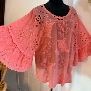 JOHNNY WAS Coral Peach Roman Ruffle Loose Fit Scoop Neck Top! Great condition. M